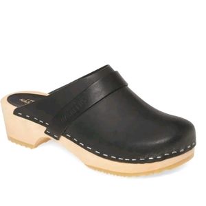 Swedish hasbeens black leather wood clog 39/9
